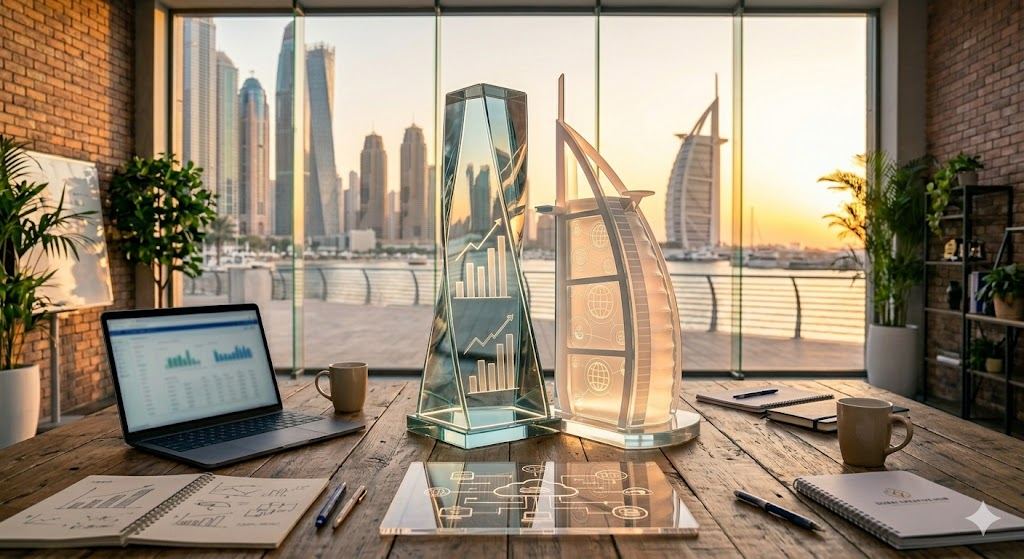 Royal Index Advertising Dubai office with skyline view