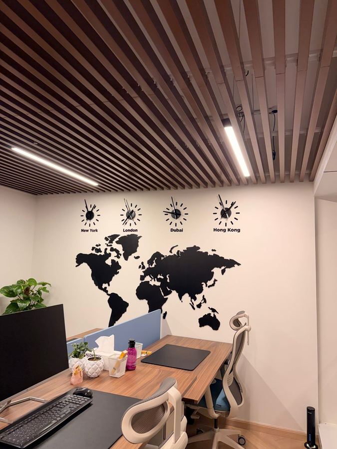 Custom world map and clocks wall