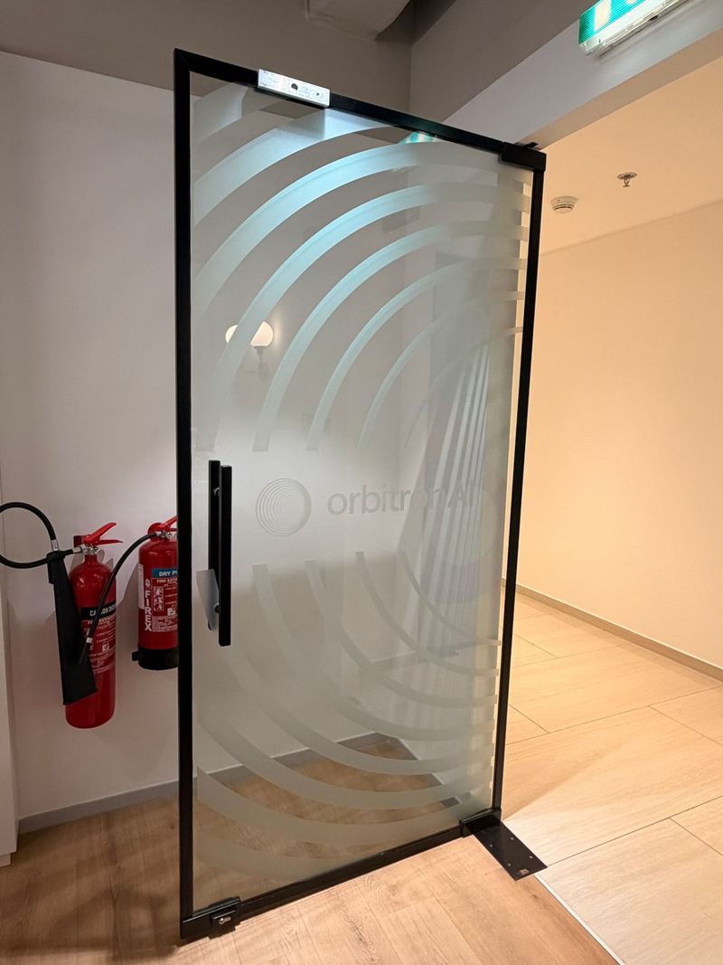 Frosted glass door with custom branding